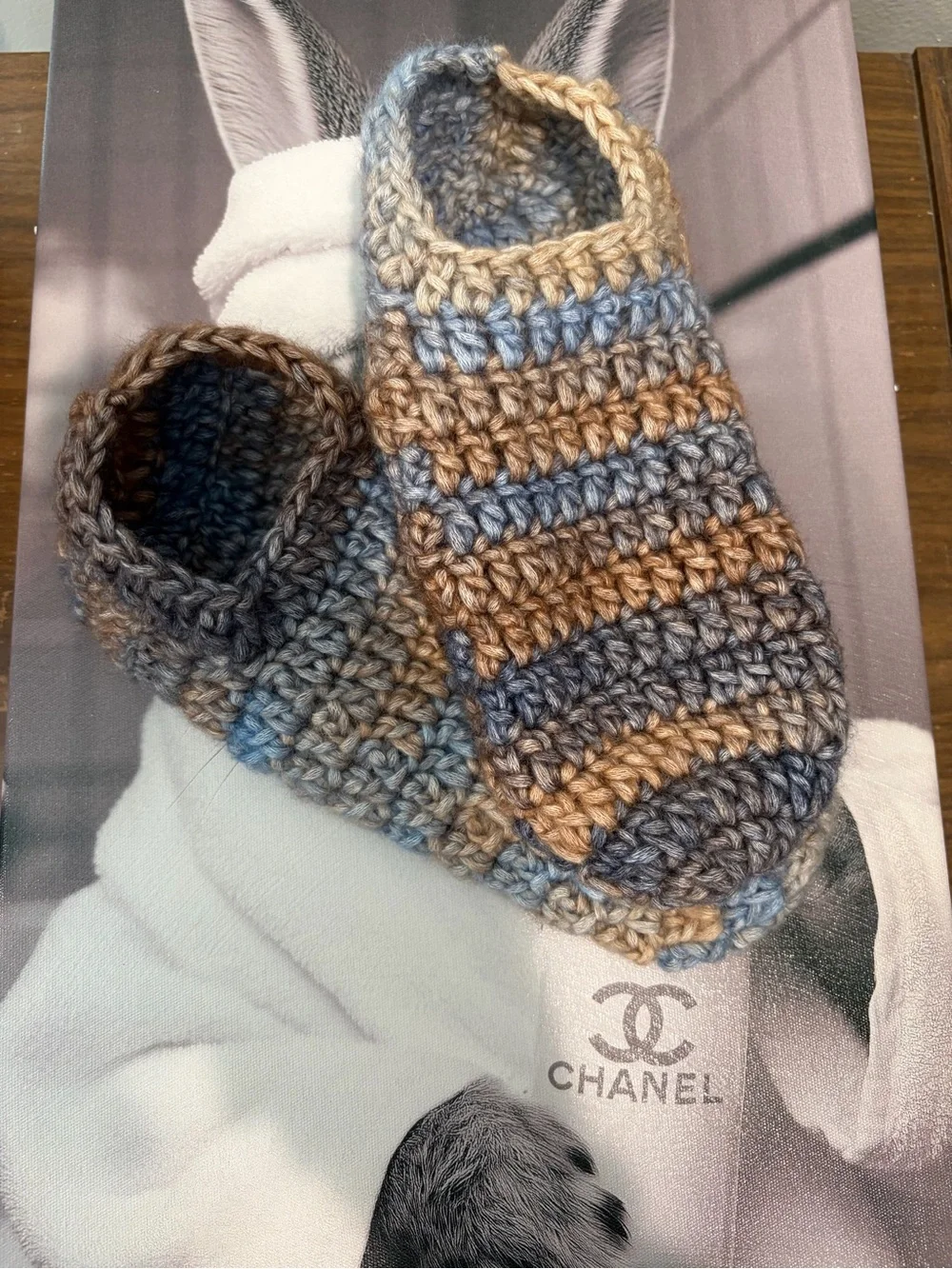 Handmade Crochet Slippers Blue Tan Gray Cozy House Shoes